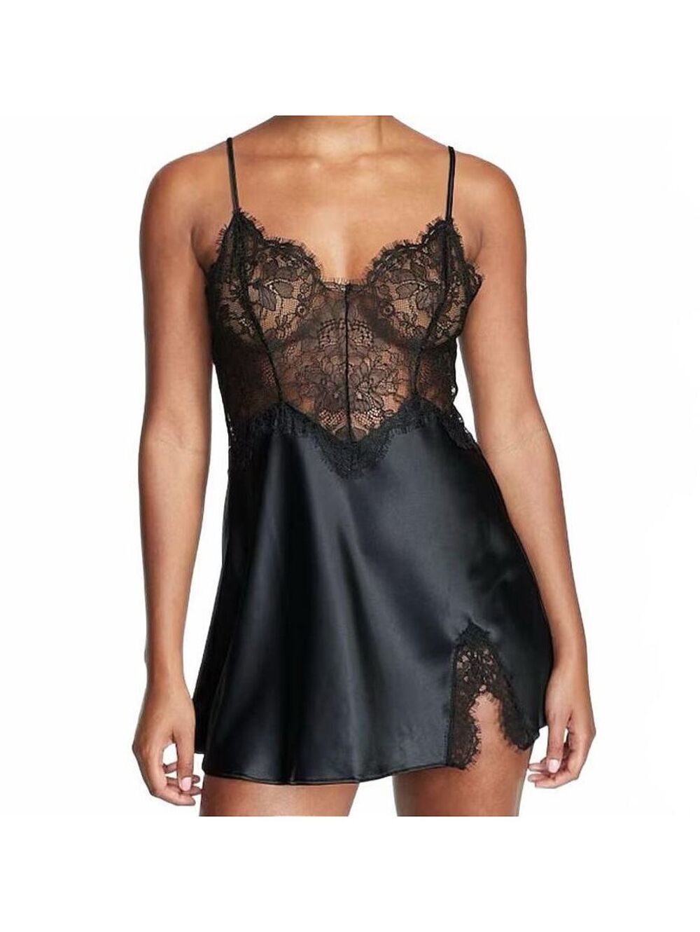 Victoria's Secret XXL Black Satin Lace Slip Chemise Nightgown NWT Lingerie